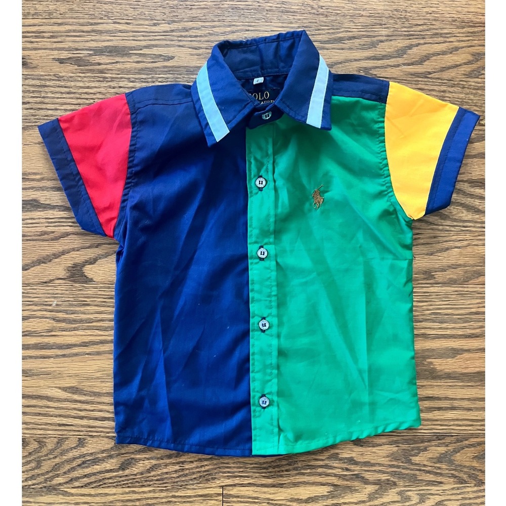 Polo Ralph Lauren Kids Colorblock Short Sleeve Button Up Shirt Navy Green Red 4